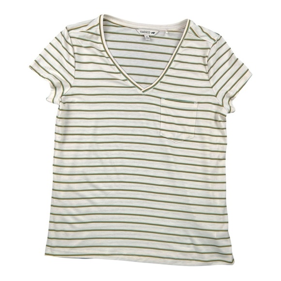 Toad&Co Women's Striped Brown/Green V-Neck Pocket T-Shirt In Size M - Picture 1 of 5